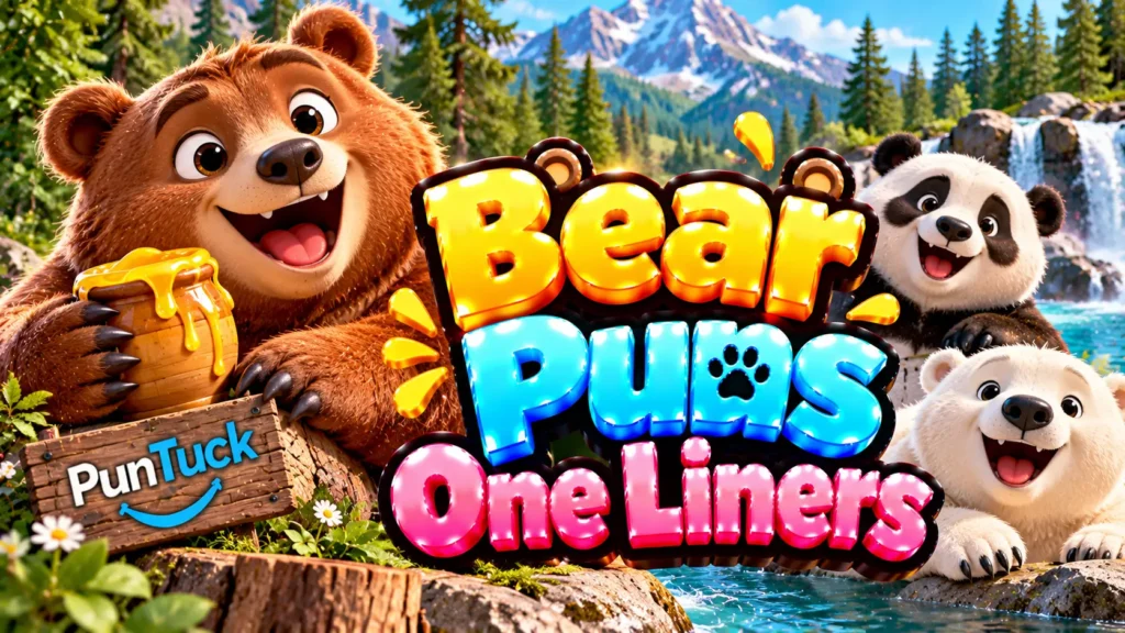 Bear Puns One Liners thumbnail with glossy 3D lettering, smiling bears, honey pot, mountains, forest, and lake
