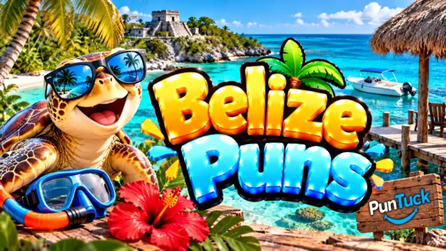 Belize Puns thumbnail with glossy 3D lettering, smiling sea turtle, turquoise sea, palm trees, and tropical scenery