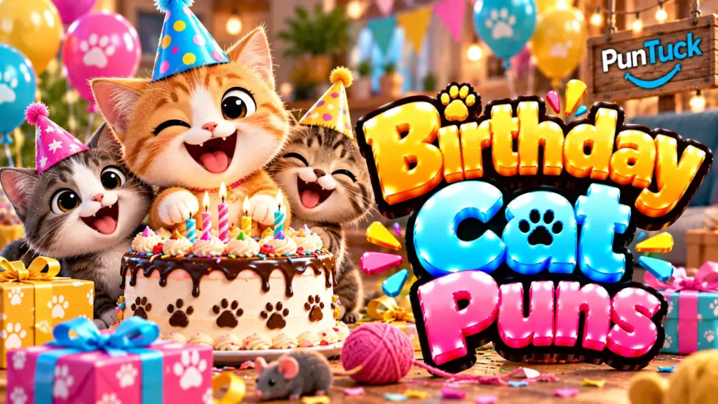Birthday Cat Puns thumbnail with glossy 3D lettering, party-hat kittens, birthday cake, balloons, and gifts