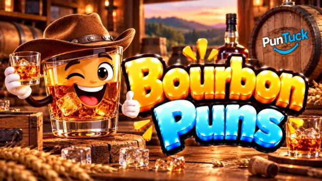 Bourbon Puns thumbnail with glossy 3D lettering, smiling whiskey glass mascot, bourbon barrels, ice, and warm tavern lighting