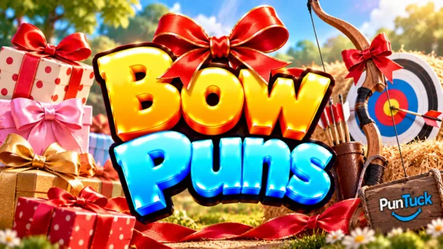Bow Puns thumbnail with glossy 3D lettering, colorful gift bows, wrapped presents, archery bow, arrows, and target