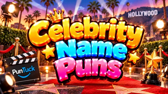 Celebrity Name Puns thumbnail with glossy 3D lettering, Hollywood sign, red carpet, gold stars, and spotlights