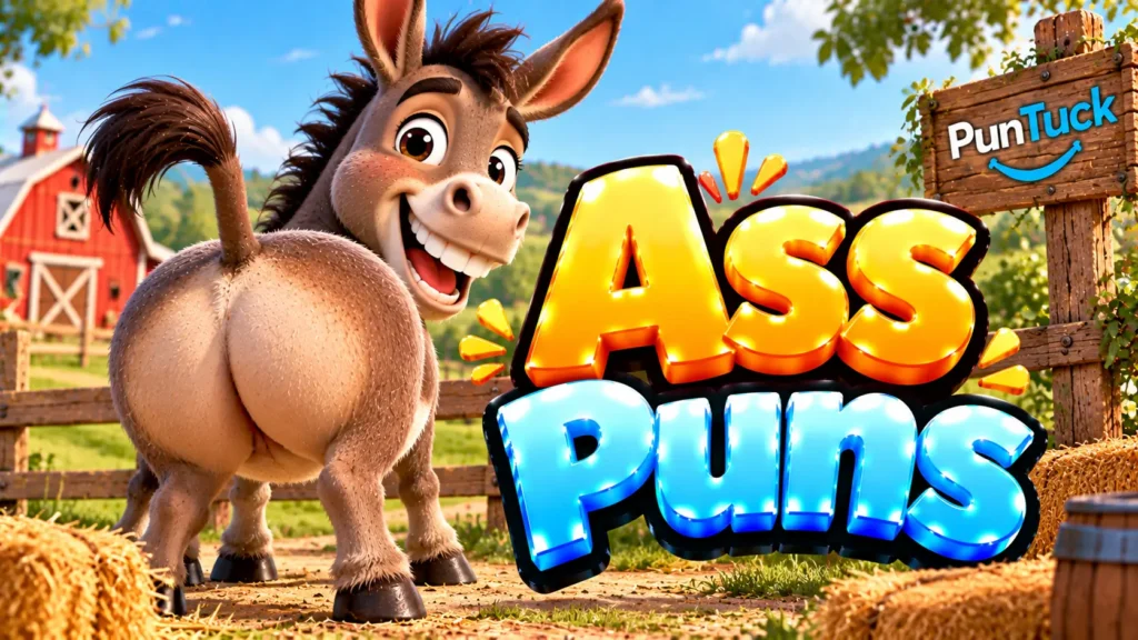 Ass Puns thumbnail with glossy 3D lettering, a funny donkey mascot, red barn, hay bales, and green farm scenery