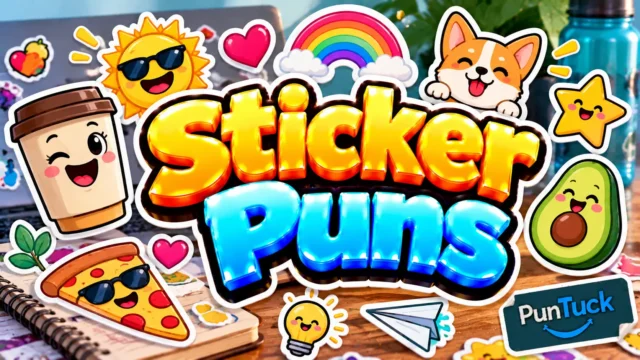Sticker Puns thumbnail with glossy 3D lettering, cute stickers, smiling sun, rainbow, coffee cup, corgi, and avocado