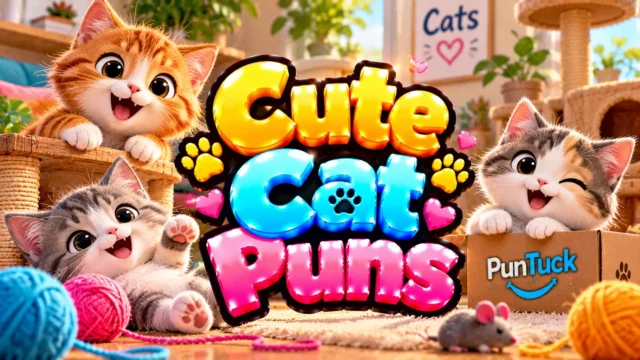 Cute Cat Puns thumbnail with glossy 3D lettering, adorable kittens, paw prints, hearts, yarn balls, and cat toys
