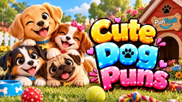 Cute Dog Puns thumbnail with glossy 3D lettering, adorable puppies, paw prints, hearts, and a colorful garden