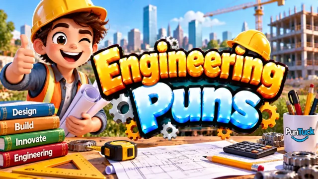 Engineering Puns thumbnail with glossy 3D lettering, cheerful engineer, hard hat, blueprints, gears, and construction site