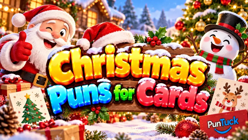 Christmas Puns for Cards thumbnail with glossy 3D lettering, smiling Santa, snowman, festive greeting cards, and gifts