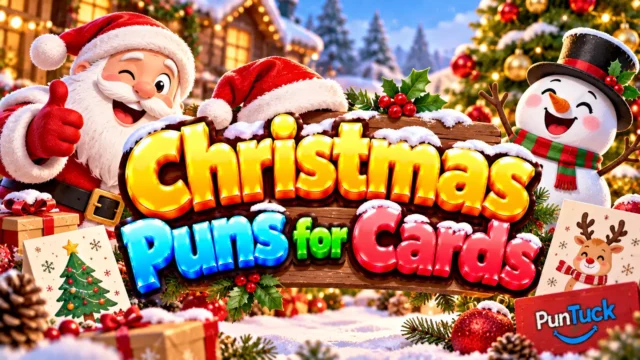 Christmas Puns for Cards thumbnail with glossy 3D lettering, smiling Santa, snowman, festive greeting cards, and gifts