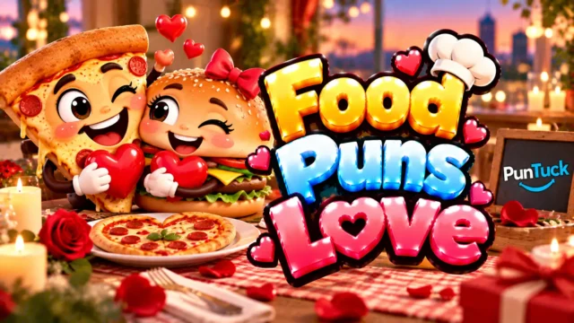 Food Puns Love thumbnail with glossy 3D lettering, cute pizza and burger mascots, hearts, roses, and romantic décor