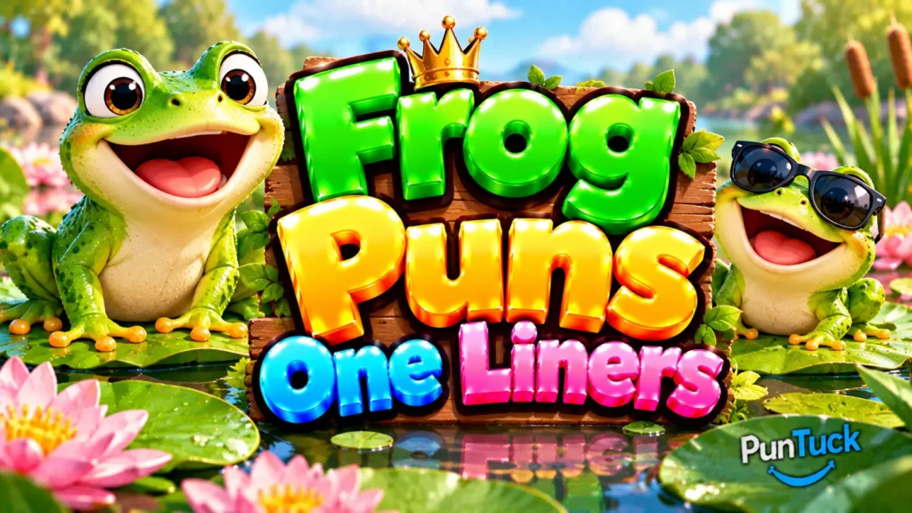 Frog Puns One Liners thumbnail with glossy 3D lettering, smiling frogs, lily pads, pink water lilies, and pond scenery