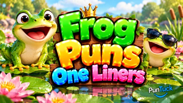 Frog Puns One Liners thumbnail with glossy 3D lettering, smiling frogs, lily pads, pink water lilies, and pond scenery