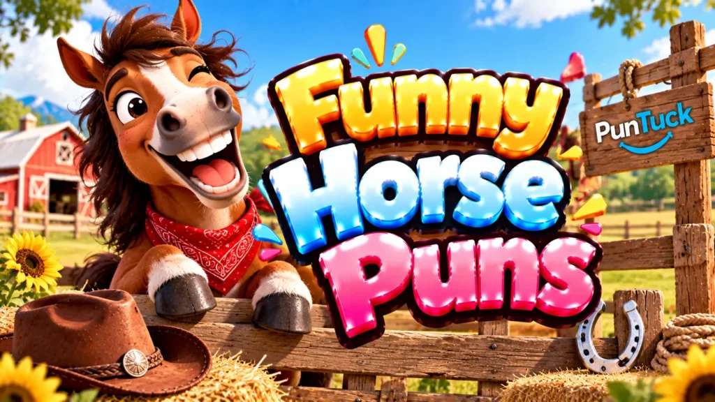 Funny Horse Puns thumbnail with glossy 3D lettering, smiling horse mascot, barn, hay, sunflowers, and horseshoe