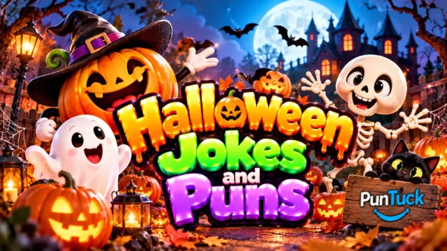 Halloween Jokes and Puns thumbnail with glossy 3D lettering, smiling ghost, pumpkin, skeleton, black cat, and haunted house
