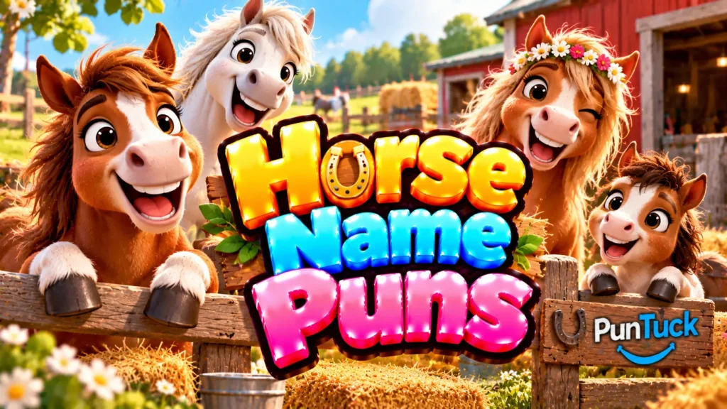 Horse Name Puns thumbnail with glossy 3D lettering, cute ponies, horseshoes, hay bales, and a red barn