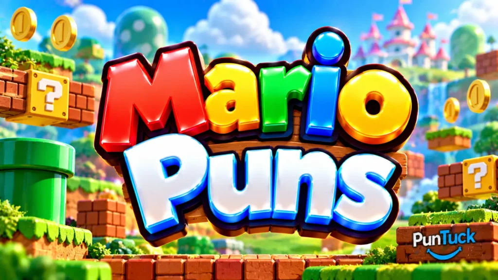 Mario Puns thumbnail with glossy 3D lettering, colorful platform-game scenery, golden coins, brick blocks, and green pipes
