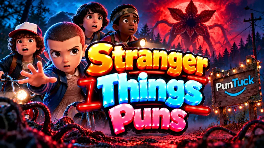 Stranger Things Puns thumbnail with glossy 3D lettering, young adventurers, bikes, flashlights, and a spooky red forest