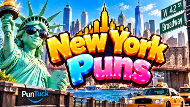 New York Puns thumbnail with glossy 3D lettering, Statue of Liberty, NYC skyline, Brooklyn Bridge, and yellow taxis