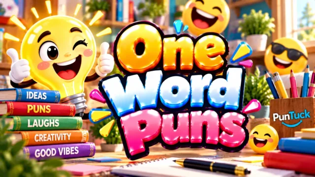 One Word Puns thumbnail with glossy 3D lettering, lightbulb mascot, books, pencils, emojis, and colorful desk