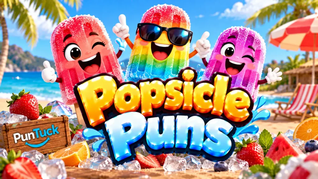 Popsicle Puns thumbnail with glossy 3D lettering, colorful popsicle mascots, fruit, ice, palm trees, and beach scenery