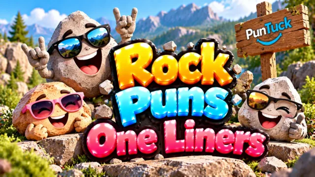 Rock Puns One Liners thumbnail with glossy 3D lettering, smiling rock mascots, sunglasses, mountains, and greenery
