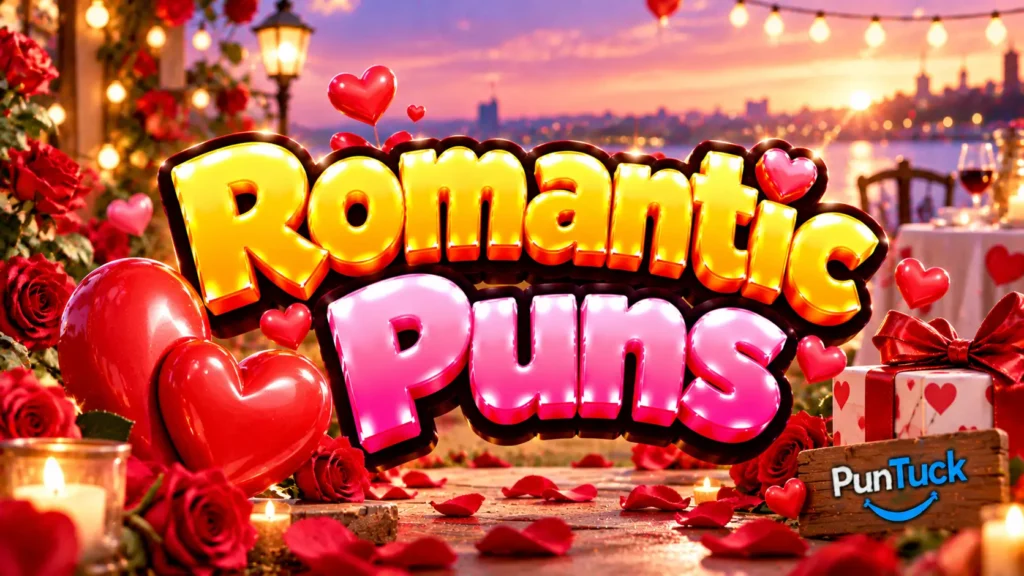 Romantic Puns thumbnail with glossy 3D lettering, red hearts, roses, candles, and a romantic sunset backdrop