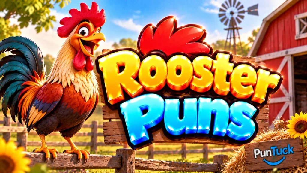 Rooster Puns thumbnail with glossy 3D lettering, colorful rooster, red barn, wooden fence, windmill, and sunflower