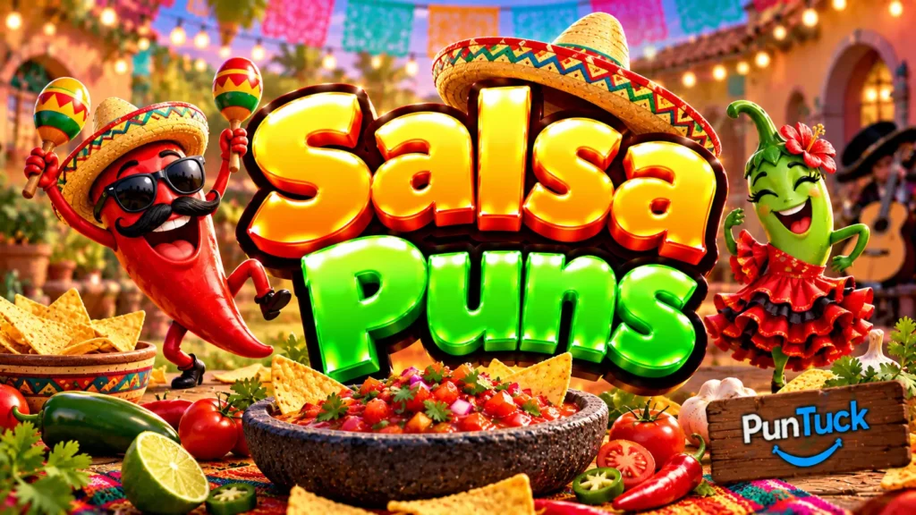 Salsa Puns thumbnail with glossy 3D lettering, dancing chili mascots, salsa bowl, tortilla chips, and colorful fiesta décor