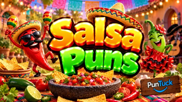 Salsa Puns thumbnail with glossy 3D lettering, dancing chili mascots, salsa bowl, tortilla chips, and colorful fiesta décor