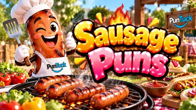 Sausage Puns thumbnail with glossy 3D lettering, smiling sausage chef, grilled sausages, hot dogs, and BBQ food