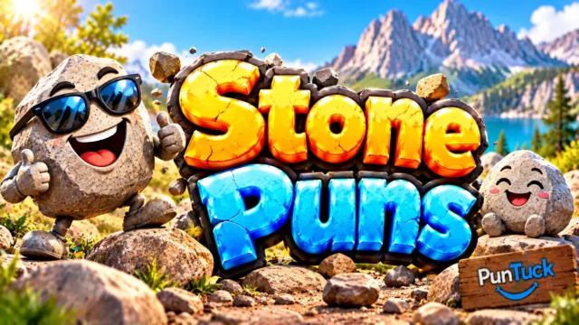 Stone Puns thumbnail with glossy 3D lettering, smiling rock mascots, sunglasses, scattered stones, and mountain scenery