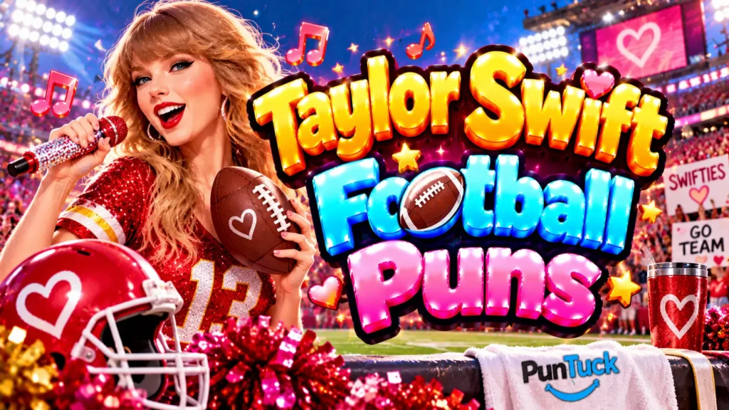 Taylor Swift Football Puns thumbnail with glossy 3D lettering, pop star, heart football, stadium lights, and red helmet