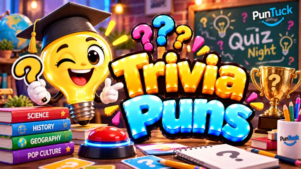 Trivia Puns thumbnail with glossy 3D lettering, smiling lightbulb mascot, quiz buzzer, question marks, and trivia books