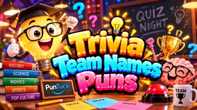 Trivia Team Names Puns thumbnail with glossy 3D lettering, lightbulb mascot, trophy, question marks, and trivia books