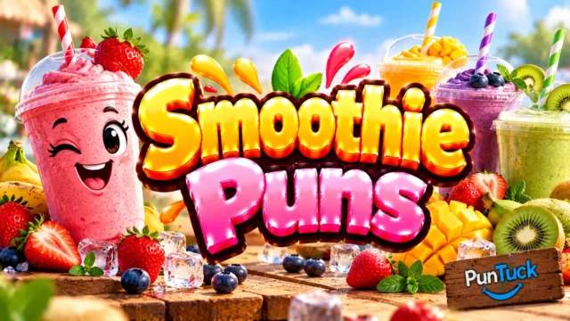 Smoothie Puns thumbnail with glossy 3D lettering, smiling strawberry smoothie, colorful fruit, ice cubes, and tropical drinks