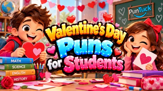 Valentine's Day Puns for Students thumbnail with glossy 3D lettering, cheerful students, Valentine cards, hearts, and school supplies