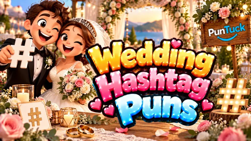 Wedding Hashtag Puns thumbnail with glossy 3D lettering, bride and groom, wedding rings, roses, and glowing hashtag décor