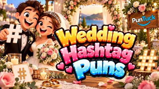 Wedding Hashtag Puns thumbnail with glossy 3D lettering, bride and groom, wedding rings, roses, and glowing hashtag décor