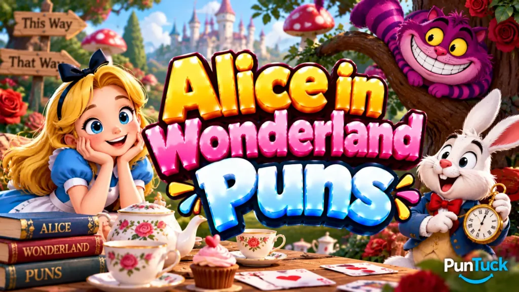 Alice in Wonderland Puns thumbnail with glossy 3D lettering, Alice, white rabbit, tea party, and fantasy garden