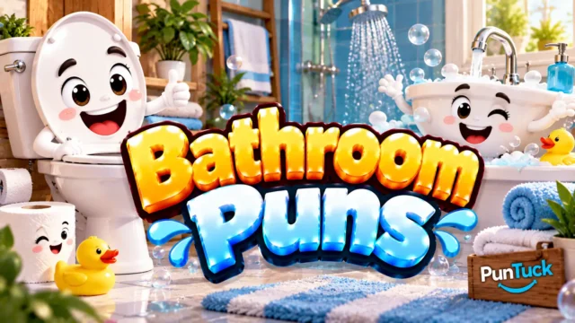 Bathroom Puns thumbnail with glossy 3D lettering, cheerful bathroom mascots, bubbles, towels, and rubber ducks
