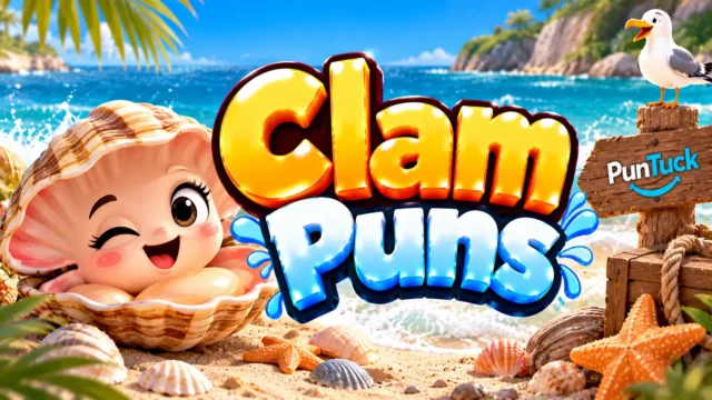Clam Puns thumbnail with glossy 3D lettering, smiling clam mascot, seashells, starfish, beach, and ocean waves