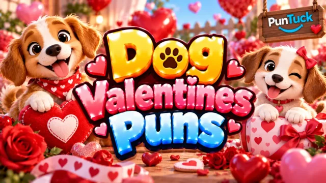 Dog Valentines Puns thumbnail with glossy 3D lettering, cute puppies, hearts, roses, gifts, and balloons