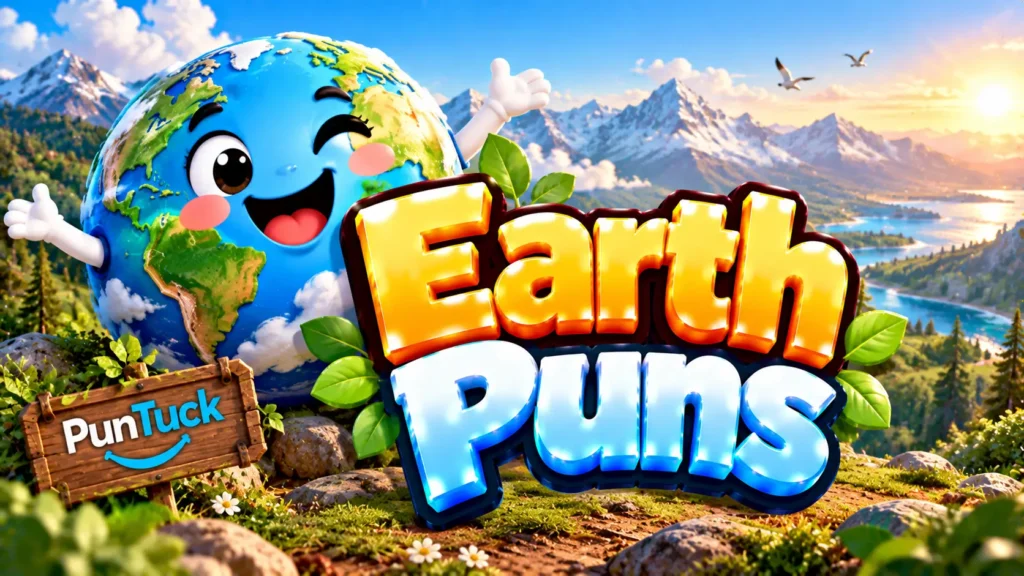 Earth Puns thumbnail with glossy 3D lettering, smiling globe mascot, mountains, forests, lakes, and nature scenery