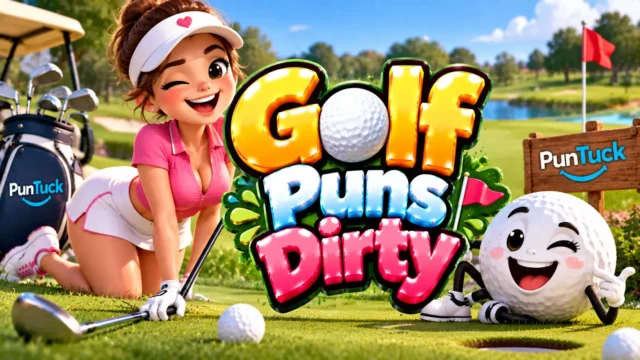 Golf Puns Dirty thumbnail with glossy 3D lettering, playful golfer, golf balls, clubs, cart, and sunny course