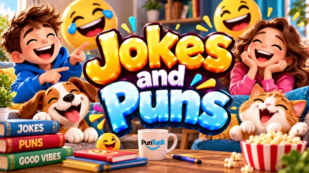 Jokes and Puns thumbnail with glossy 3D lettering, laughing kids, happy dog, cat, emojis, and popcorn
