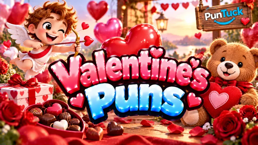 Valentine's Puns thumbnail with glossy 3D lettering, Cupid, teddy bear, roses, hearts, chocolates, and gifts